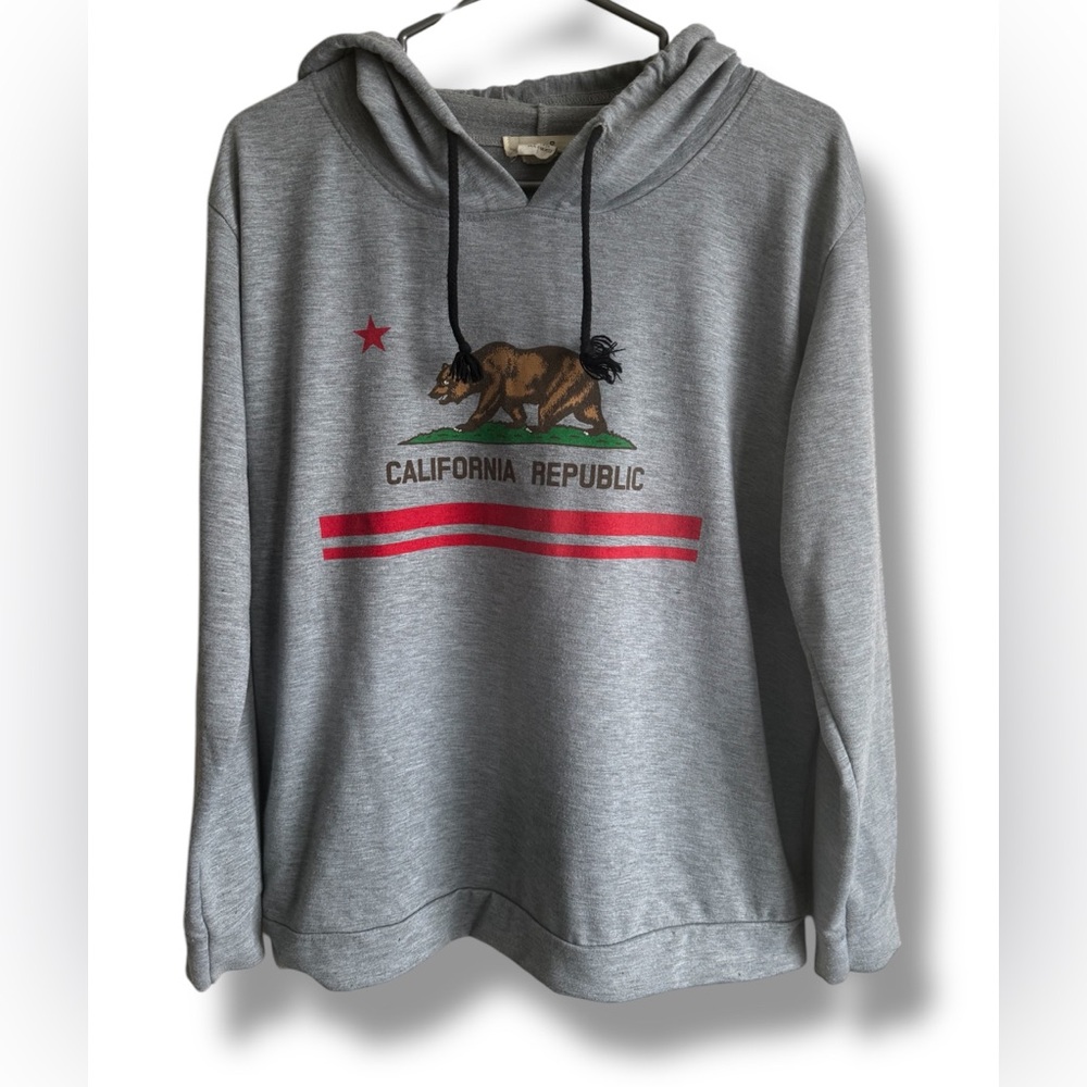 3 FOR $20 MARCI Light Gray Pullover Hoodie with Bear Graphic and Red Stripe